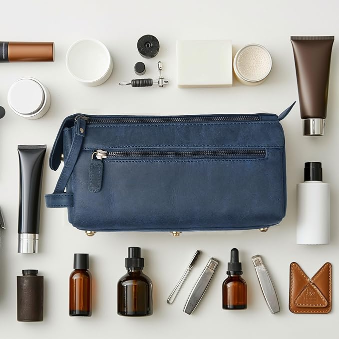 LEATHER VILLAGE Genuine Leather Travel Toiletry Bag - Water-Resistant Dopp Kit for Toiletries, Large Shaving Bag & Bathroom Organizer - Gift for Men & Women - Royal Blue