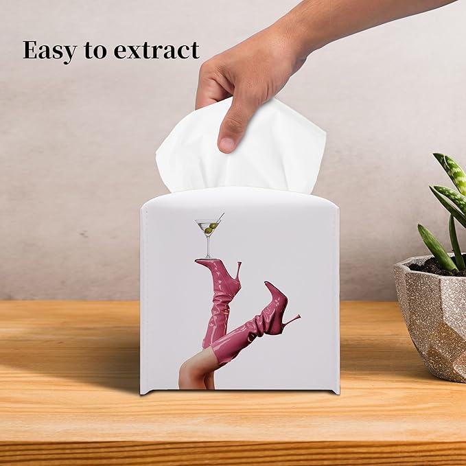 Grace Yonks Cute Tissue Box Cover Square - Pink High Heel Boots & Martini Glass Design 5.2" PU Leather Holder for Vanity, Desk, or Bathroom Counter - Cube Case for Facial Tissues(012)