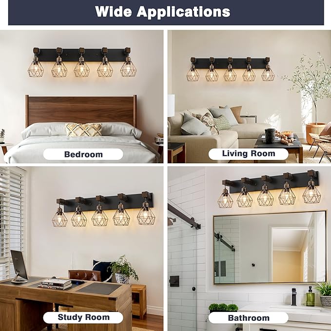 Farmhouse Bathroom Vanity Light Fixtures, 5-Light Wood Bathroom Light Fixtures Over Mirror, Rustic Sconces Wall Lighting with Elegant Metal Lampshade for Living Room, Bedroom, Hallway