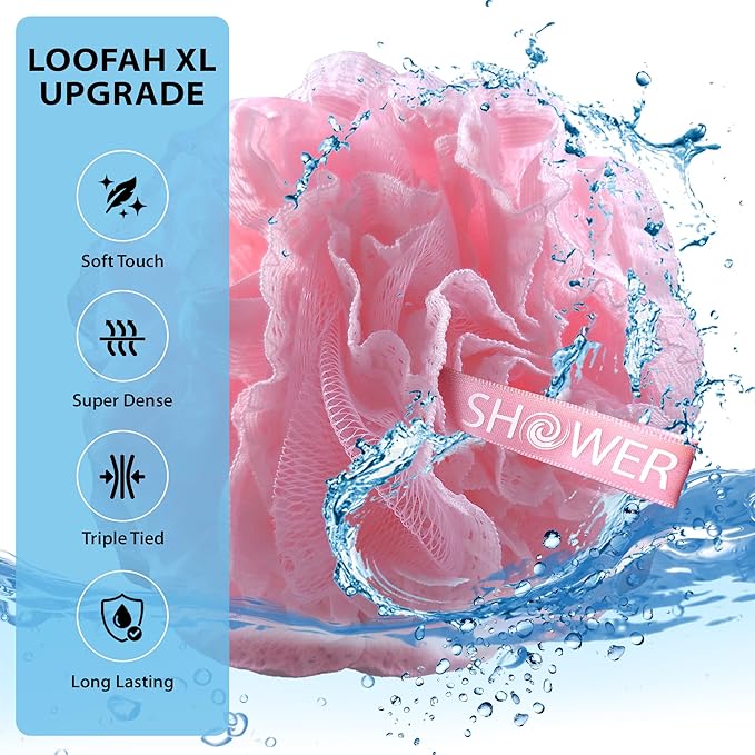 SHOWER BOUQUET Blue+Pink-Loofah-Bath-Sponge Lace-Mesh-Set // 2-Scrubs-in-1 // Large 60g Pouf 4-Pack Body Luffa Loofa Loufa Puff - Exfoliate, Cleanse Skin with Luxurious Bathing Accessories