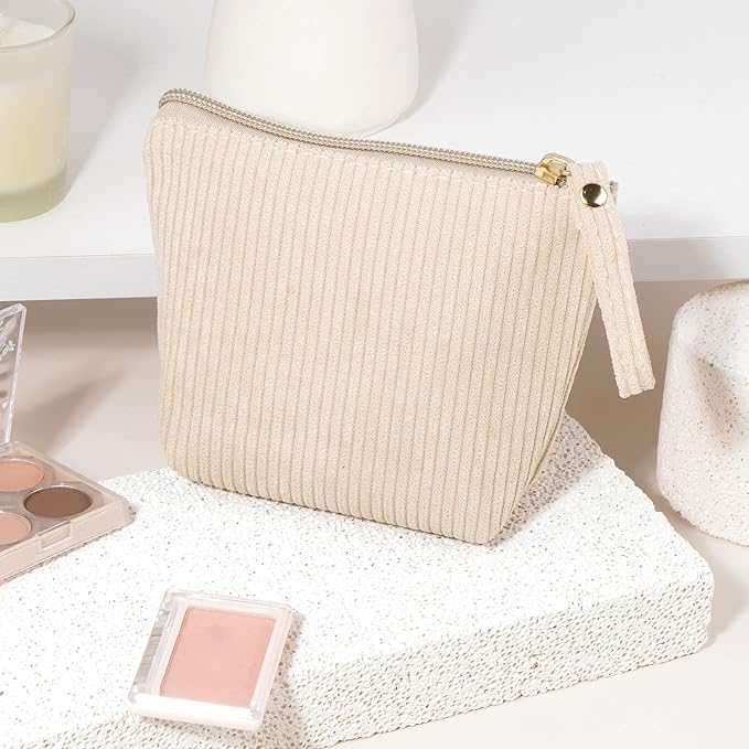 MAGEFY Mini Makeup Bag, Cute Small Makeup Bag for Purse Corduroy Cosmetic Bag for Women with Slip-in Pockets Travel Purse Essentials Lipstick Bag (Beige,Mini)