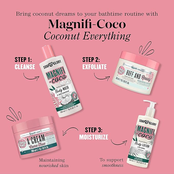 Soap & Glory Magnificoco Buff and Ready Coconut Body Scrub - Smoothing & Buffing Body Scrub - Coconut Scented Body Polish - Brightening with Green Tea Extract (300ml)