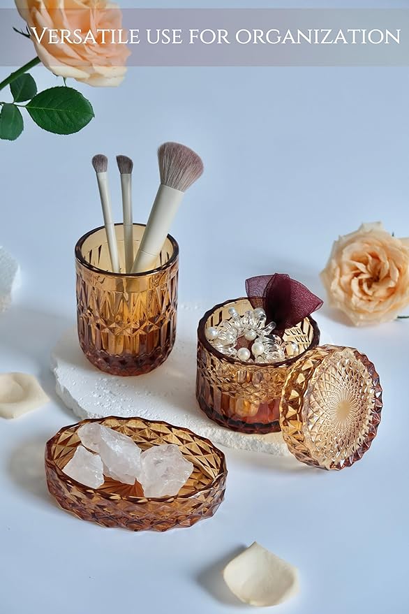 Amber Bathroom Accessories Set, 5Pcs Clear Glass Bathroom Sets, Hand Soap Dispenser, Soap Dish, Toothbrush Holder Set, Qtips Holder for Crystal Vintage Bath Decor, Set