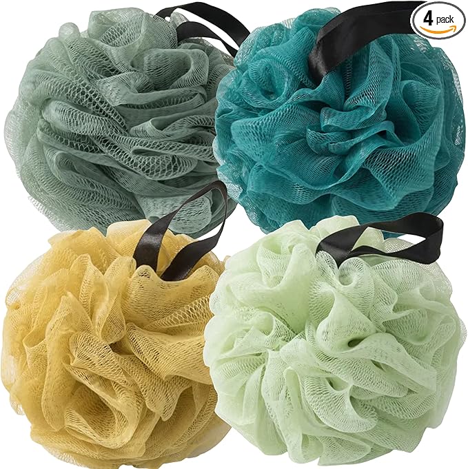 Loofah Sponges for Shower,Nature Green 4 Pack - Dark Green, Peacock Green, Yellow & Light Green