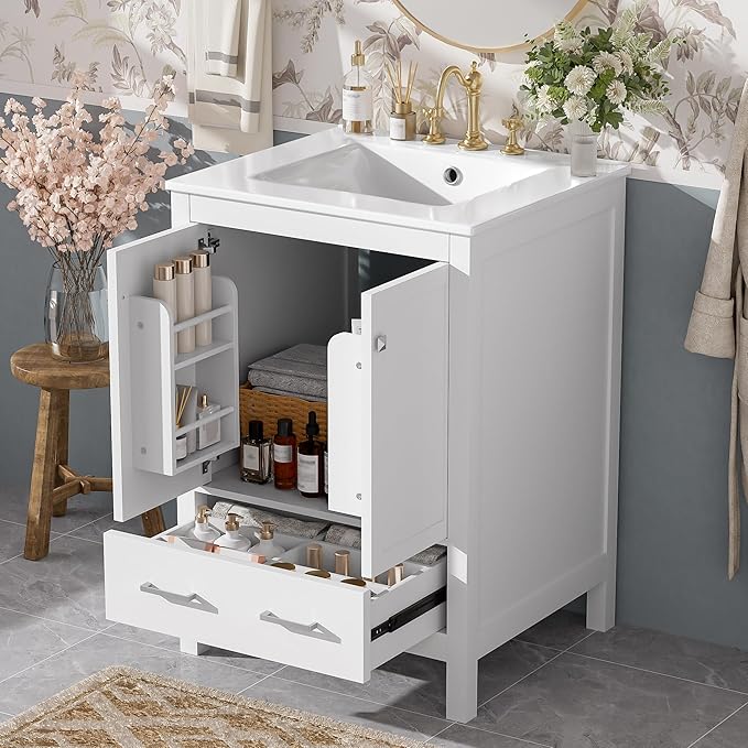 Bellemave 24" Bathroom Vanity with Sink Combo Set, Solid Wood Frame Bathroom Storage Cabinet with a Drawer, 2 Soft Closing Cabinet Doors with Organizer, White