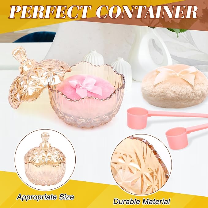 Coolrunner 5PCS Body Powder Puff and Container, Crystal Clear Powder Container with Powder Spoon, Dusting Powder with Puff for Women, Washable Reusable (Amber)