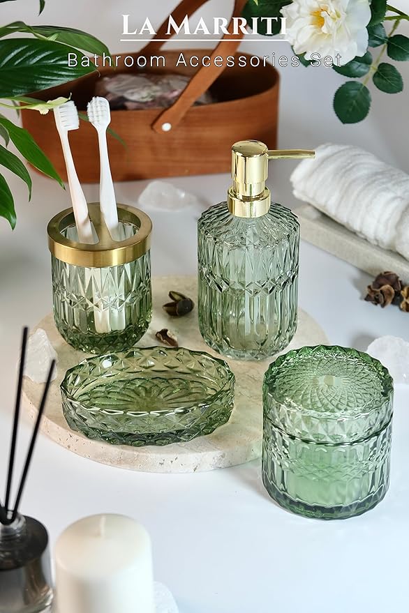 4pcs Glass Bathroom Accessories Set, Clear Green Bathroom Soap Dispenser Set, Toothbrush Holder, Soap Dish, Soap Dispenser, Qtips Holder Set for Crystal Vintage Bath Decor (Green)
