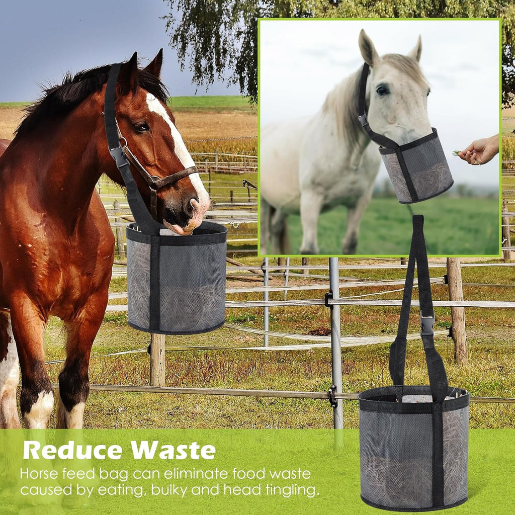 2 Pcs Horses Feed Horse Bag for Grain Hay Bags Heavy Duty Mesh Horse Feeder with Adjustable Strap Comfort Neck Pad Nose Pad and Waterproof Bottom Muzzle(Gray)