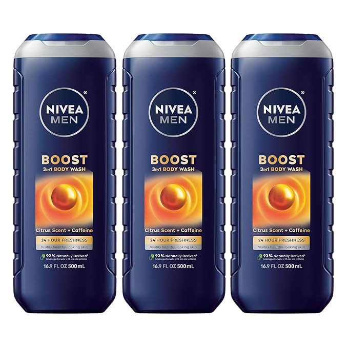 NIVEA MEN Boost Body Wash, Citrus Scent and Caffeine Enriched, 3-in-1 Men's Body Wash, Face and Hair, Paraben Free, Vegan Formula, 16.9 Fl Oz Bottle, Pack of 3