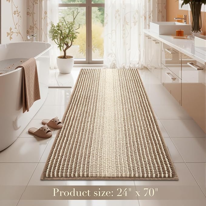 BSICPRO Large Bathroom Rug, Non Slip 24 x 70 Inches Water Absorbent Chenille Bath Runner Rug Floor Mat Machine Washable (Tan)