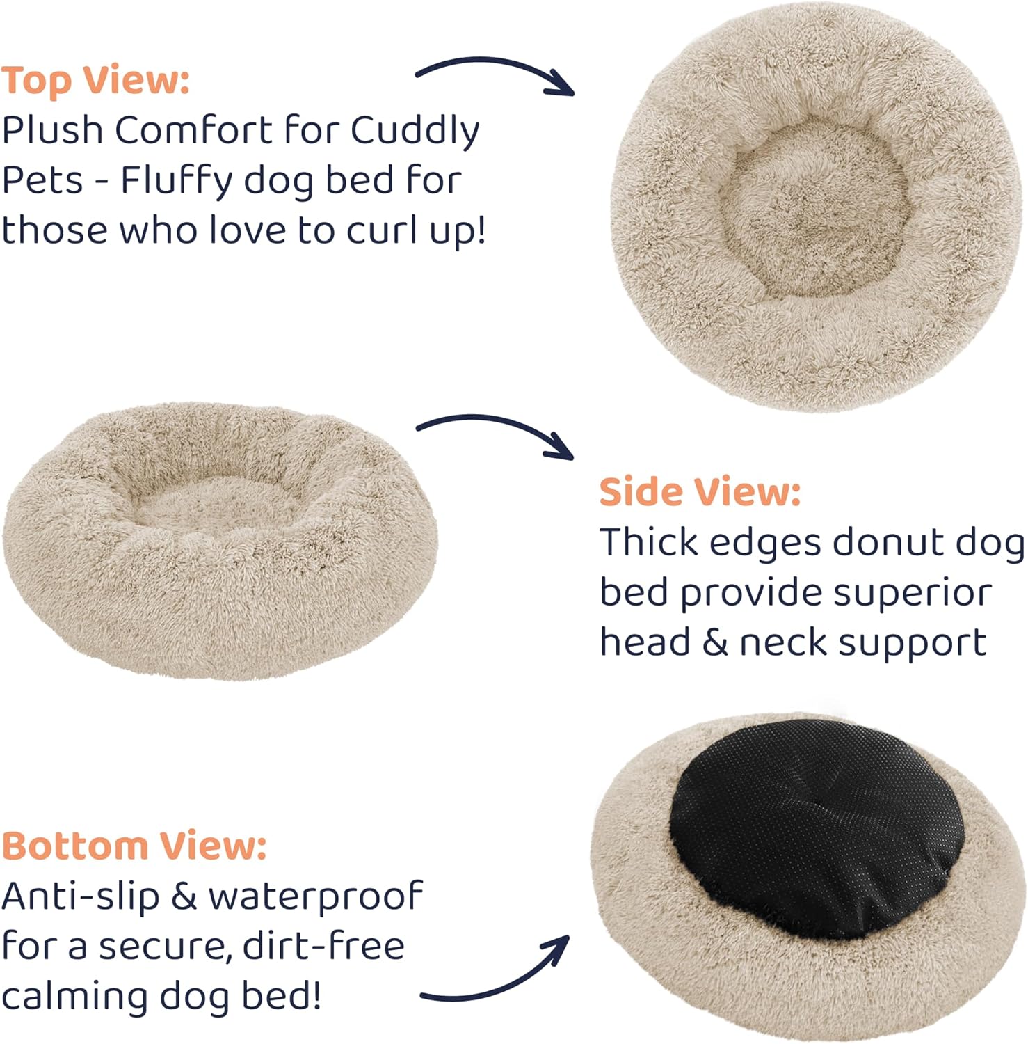 Donut Dog Bed - Premium Comfort for Anxiety Relief - Fluffy & Calming Design with Ultra-Plush Support | Cozy Round Dog Bed with Super Soft Circle Style (Size XL Beige)