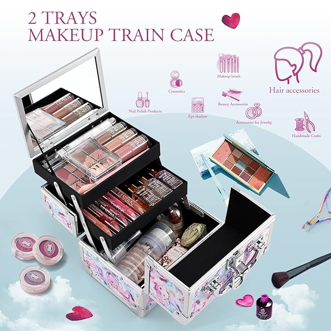 Joligrace Makeup Case for Girls Cosmetic Train Case Makeup Storage Box Jewelry Organizer Hair Accessories Lockable with Trays & Mirror Kids Gift Coloful Pink Unicorn