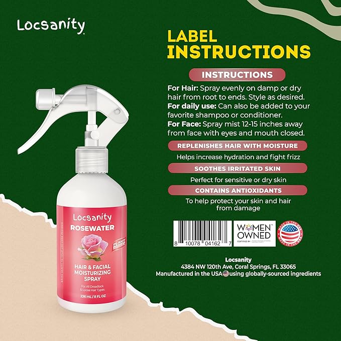 Locsanity Pure Rosewater Hair and Facial Spray – Regular Size Hydrating Face Mist to Soothe, Refresh, and Rejuvenate Skin, Reduce Oil and Buildup (8oz)