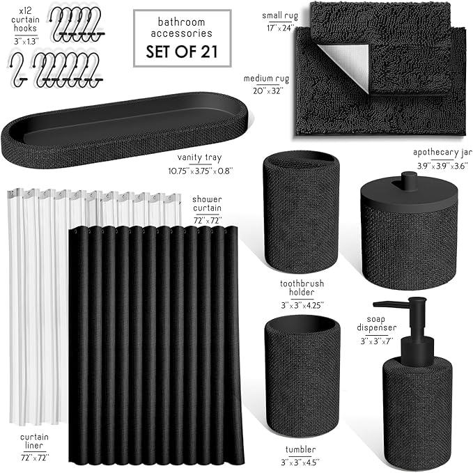 Clara Clark Black Bathroom Set - Bathroom Sets with Shower Curtain and Rugs, 21PC Bathroom Accessory Set, Shower Curtain Set with Soap Dispenser & Toothbrush Holder