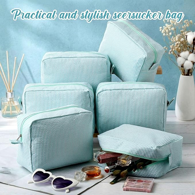 Sanwuta 6 Seersucker Cosmetic Bag Bulk Pinstripe Makeup Bag for Women Aesthetic Cute Travel Toiletry Organizer Preppy Storage Pouch for Wedding Bridesmaid Christmas Gift (Large,Mint Blue)