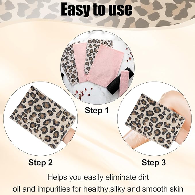 Tatuo 12 Pieces Korean Exfoliating Mitt Glove Italy Towel Skin Body Scrubber Exfoliating Scrubber for Remove Dead Skin Wash Cloth Korean (Small,Pink, Black, Print Leopard)