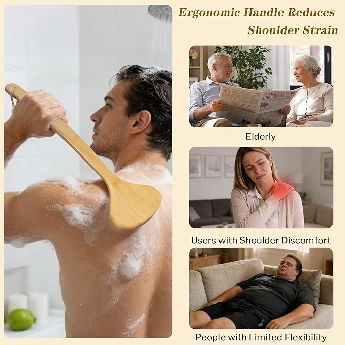 Bamboo Bath Brush with Curved Long Handle, Natural Bristle Back Scrubber for Shower, Exfoliating Body Brush for Wet or Dry Use, Anti-Slip Design for Gentle Deep Cleaning, Wood Color