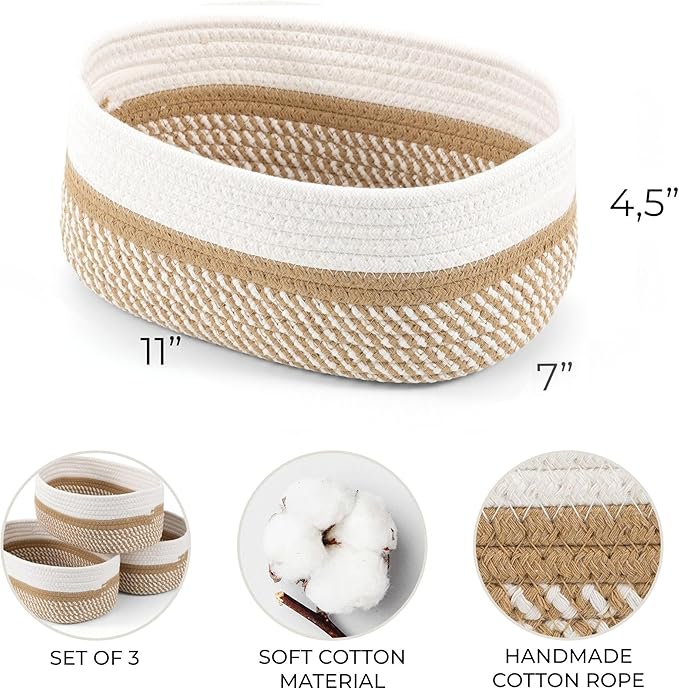 Beautiful Storage Basket Set of 3 - Sturdy Cotton Rope Baskets for Shelves Are Perfect for Organizing Your Home - Quality Storage Bins Easily Fit With Any Nursery or Bedroom Decor