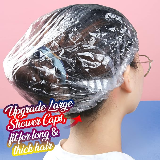 LEOBRO 100PCS Disposable Shower Caps, Large Shower Caps for Women Disposable, Clear Plastic Shower Cap, Plastic Hair Caps for Hair Treatment, Large Size 19.3 INCH