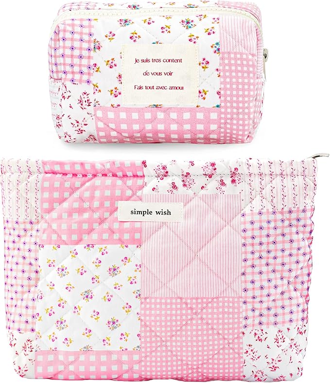 2 Pieces Floral Makeup Bag, Cute Travel Quilted Cotton Small Cosmetic Bag Organizer, Coquette Aesthetic Preppy Pouch Purse Toiletry Bag for Women Girls accessories