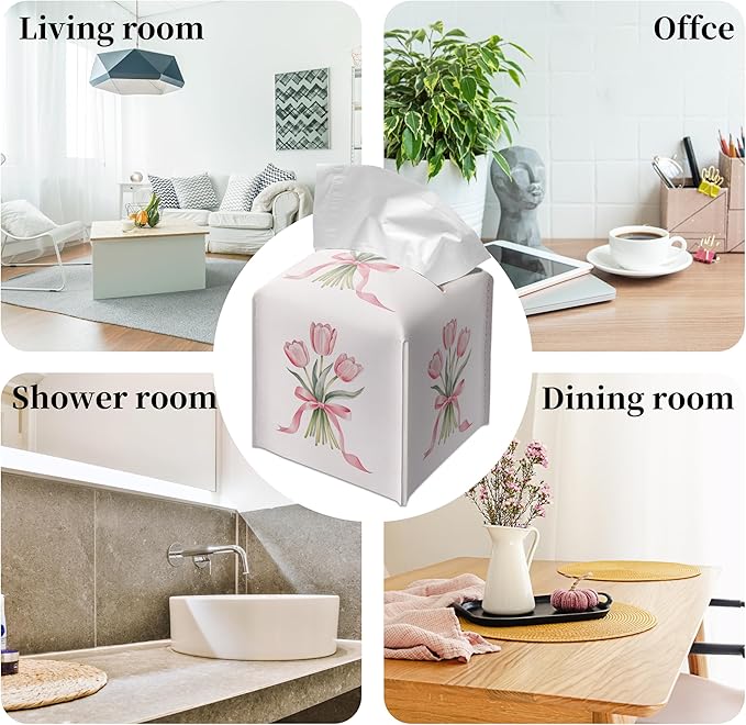 Grace Yonks Cute Tissue Box Cover Square - Pink Tulip Bouquet & Ribbon Design 5.2" PU Leather Holder for Vanity, Desk, or Bathroom Counter - Cube Case for Facial Tissues(010)