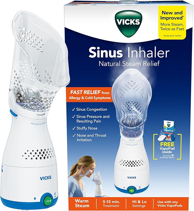 Vicks Sinus Inhaler, New & Improved Non-Medicated Steam Inhaler for Sinus Relief, Allergies, Congestion & Colds, Vocal Steamer, Soothes Nasal & Throat Passages, Works with VapoPads (1 Included)