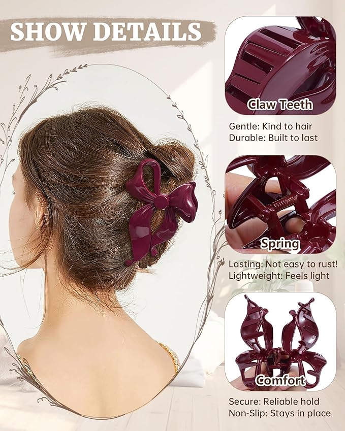 Mesovor 4 pack Cute Bow Claw Clip for Women, Nonslip Large Matte Strong Hold Bows Hair Clips for Thin and Thick Hair | Chic Hair Styling Accessories (Glossy Cherry, Brown)