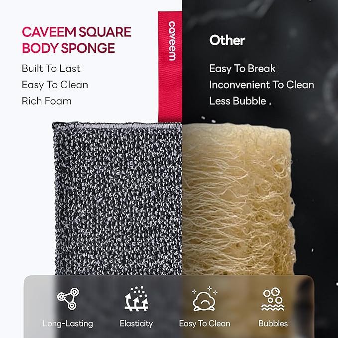 Exfoliating Body Scrubber, Large Bath and Body Scrub Buffer, Dual Texture Body Exfoliator for Remove Dead Skin, Soft and Rough Lightweight Square Sponge for Shower (2 Pack)