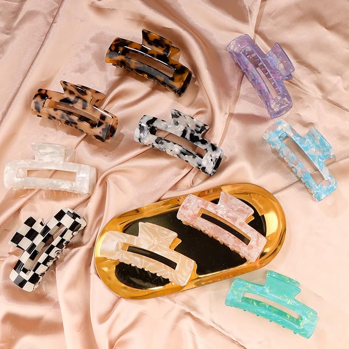 Magicsky 10 Pcs Hair Claw Clips for Women, Opal Marble Tortoise Acrylic Large Clip for Thick Thin Hair, 90's Cute Butterfly Barrettes Pins, Aesthetic Styling Accessories for Girls-Rectangle