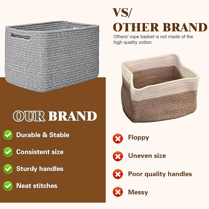 Storage Baskets for Organizing, 4 Pack Baskets for Shelves, Decorative Storage Bins for Shelves, Cotton Rope Storage Basket with Handles, Woven Basket for Storage, 13''Lx8.7''Wx7.9''H, Gray