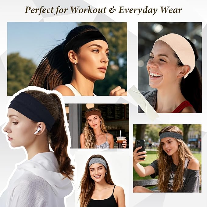Headbands for Women Non-Slip Workout Hair Bands, 6 Pack Stretchy Athletic Soft Sweatbands, Elastic Cloth Fabric Headband, Fashion Head Bands for Yoga Running Sports Gym Sports Exercise