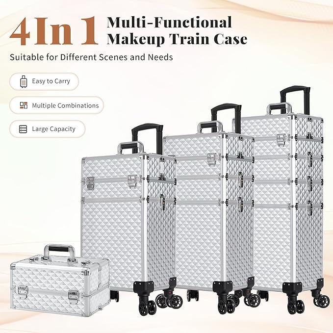 AROUS Rolling Makeup Train Case 4 in 1 Cosmetology Case on Wheels Large Storage Cosmetic Trolley with Key Salon Barber Case Traveling Cart Trunk, Silver