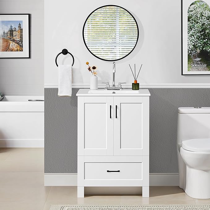 Yaheetech 24.5" Modern Bathroom Vanity with Ceramic Basin, Undermount Vanity Sink Cabinet with 2 Doors and 1 Drawer, Free Standing Bathroom Storage Cabinet with Sink Combo Set, White