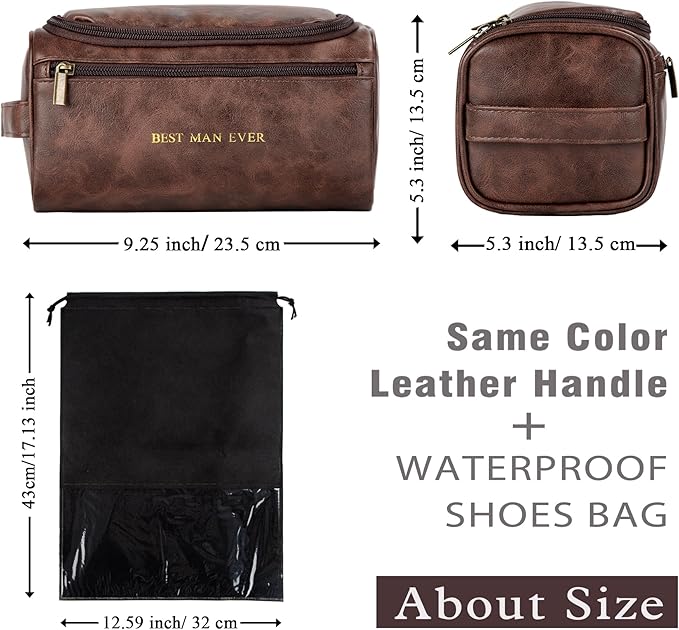 Flycalf Mens Toiletry Travel Bag Customized Mens Leather Toiletries Grooming Bag for Men Shaving Bag Hanging Water Resistant Organizer (Brown)