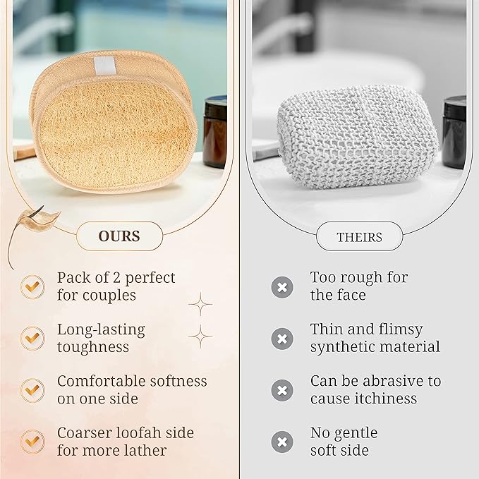 CraftsOfEgypt Egyptian Natural Loofah Body Scrubber Pads, Double Sided Luffa Sponge for Women and Men, Deep Scrubbing Shower Face Back and Body, Loofa Luffah Exfoliation Pads – 6.9x4.7 Inches, 2 Pack