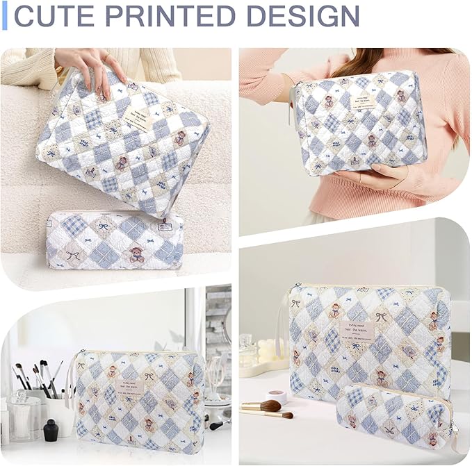 2PC Makeup Bag Set, Cute Cosmetic Bag for Women Girls, Floral Coquette Aesthetic Toiletry Bag, Travel Make Up Organizer Bag (Elephant)