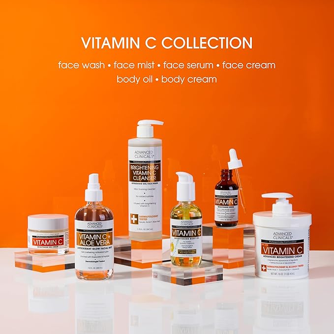 Advanced Clinicals Brightening Vitamin C Body Cream Lotion + Vitamin C & Caffeine Eye Cream Face Moisturizer Skin Care Set For Women, Men, & Dark Spots, 2pc Bundle