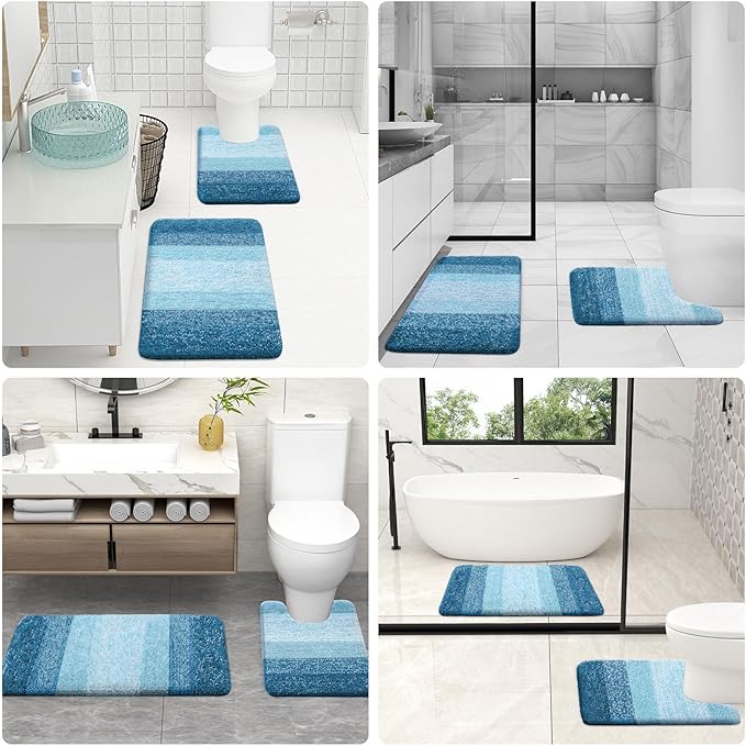 OLANLY Bathroom Rugs Sets 3 Piece, Soft Absorbent Microfiber Bath Mats and U-Shaped Contour Toilet Rug, Plush Shaggy Bath Mat Set for Bathroom (36"x24"+24"x16"+24"x20", Peacock Blue)
