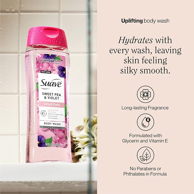 Suave Moisturizing Body Wash, with Sweet Pea Violet and Vitamin E Extract, No Parabens, No Phtahaltes, 18 Oz Pack of 6