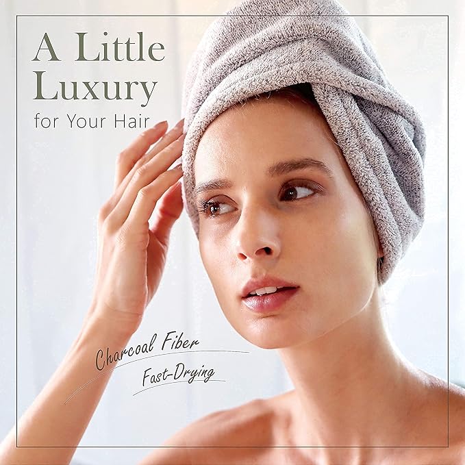 myHomeBody Hair Towel Wrap, Luxury Quick Drying Turban, Ultra Soft Absorbent Charcoal Fiber Cap, with Coconut Shell Button – Gray