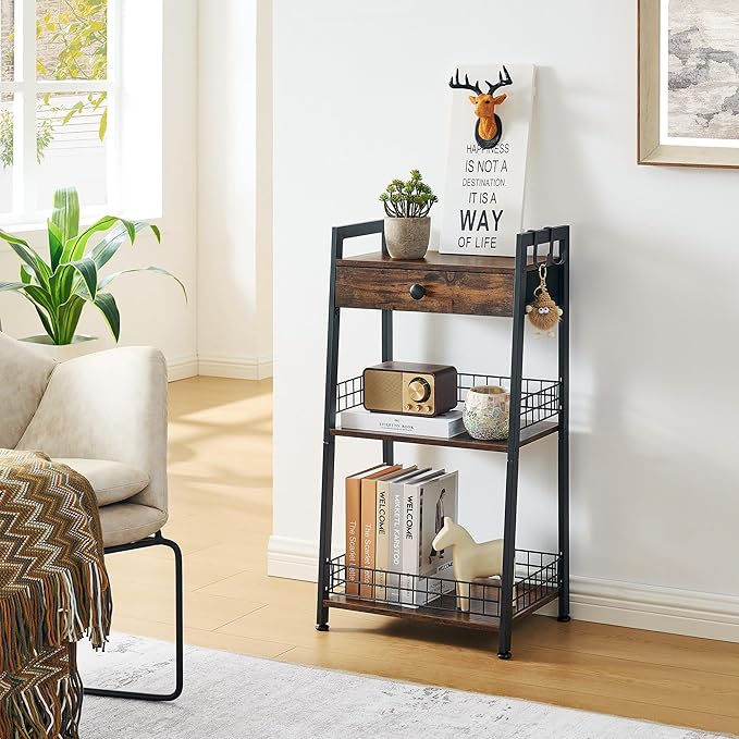 3-Tier Ladder Shelf with Drawer, Bathroom Table Stand for Small Space, Bathroom Standing Shelves with Storage for Living Room Bedroom Kitchen, Organizer Shelf, Rustic Brown
