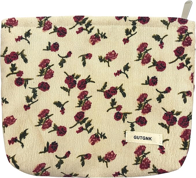 GUTGNK Corduroy Ladies Cosmetic Bag, Large Capacity Canvas Cosmetic Bag Travel Toiletry Bag Accessories Organizer, White Rose