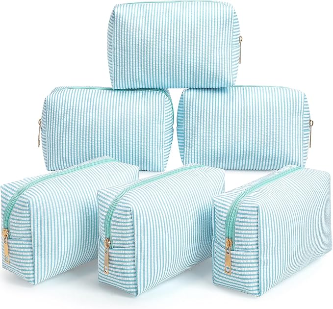 Sanwuta 6 Pcs Seersucker Cosmetic Bags Bulk Seersucker Makeup Bags Stripe Women Pouch Large Preppy Storage Pouch Toiletry Travel Organizer for Wedding Bridesmaid Bride Favor Mom Gift (Lake Blue)