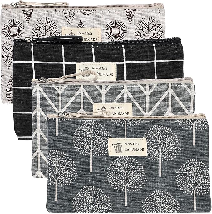 4 Pcs Canvas Cosmetic Bags Cosmetic Pouches with Zipper Makeup Bag Multi-Function Canvas Travel Pouch Vacation Travel Toiletry Bag for Women Girls, 4 Patterns