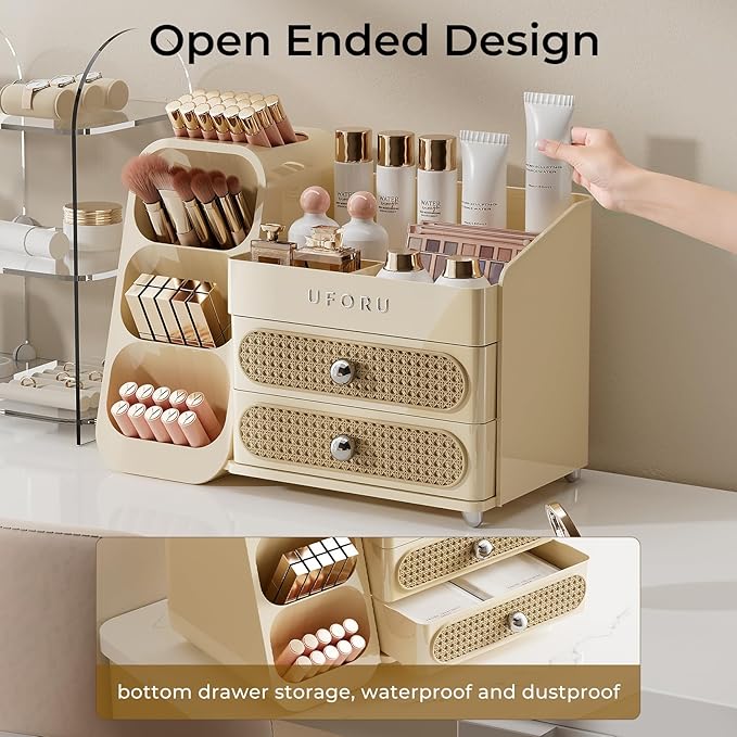 Makeup Organizer for Vanity with Brush Holder, Countertop Skincare Organizer with 2 Drawers, Spacious Cosmetic Display Case for Perfumes, Eyeshadow Palettes, Nail Polishes