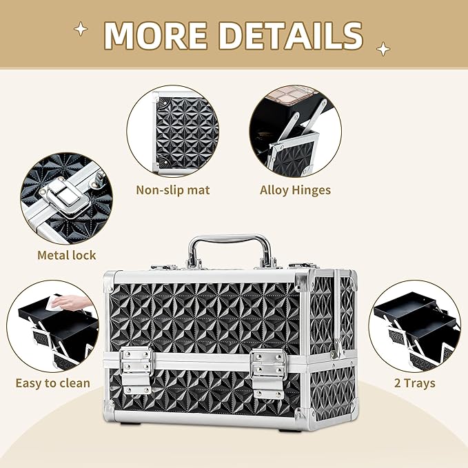 Leeora&Leekoo Makeup Train Case with Lighted Mirror,Portable Makeup Box Organizer (Black)