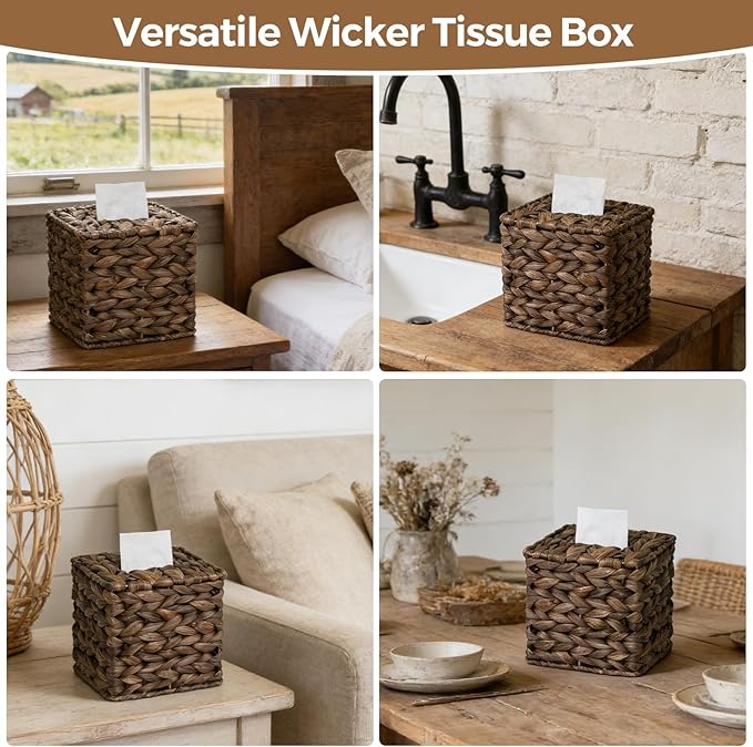 Tissue Box Cover, Square Wicker Tissue Box Holder Facial Tissues Boxes, Hand Woven Napkin Box Tissue Holder for Bathroom Bedroom Office Table Desk Night Stand, Boho Decorative, Brown