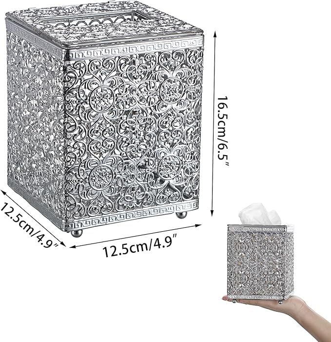 Sumnacon Tissue Box Cover Square Tissue Box with Lid, Metal Tissue Box Holder Stylish Tissue Cover Cube Tissue Box Cover for Bathroom Toilet Kitchen Table Desk Home Office, Silver