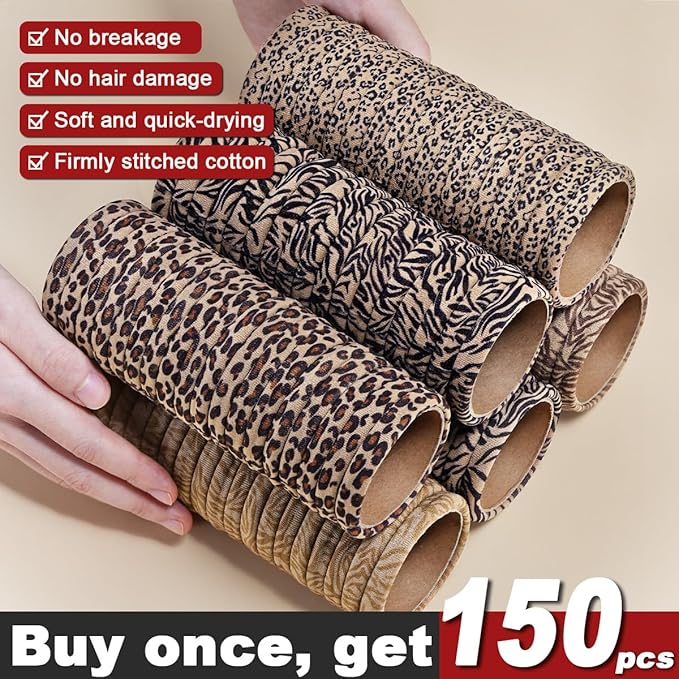 150PCS Hair Ties, IKOCO Hair Ties for Women No Damage, Cotton Seamless Ponytail Holders for Thick Hair, Leopard Animal Print
