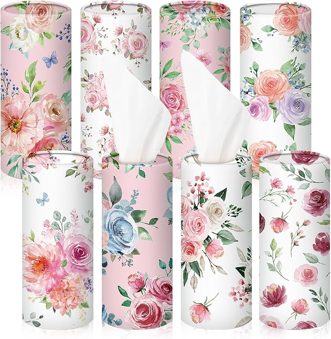 Ctosree 8 Pcs Car Tissue Holder Cylinder Bulk Round Floral Cup Holder Facial Tissues for Travel Refill Car Napkin Box Round Container